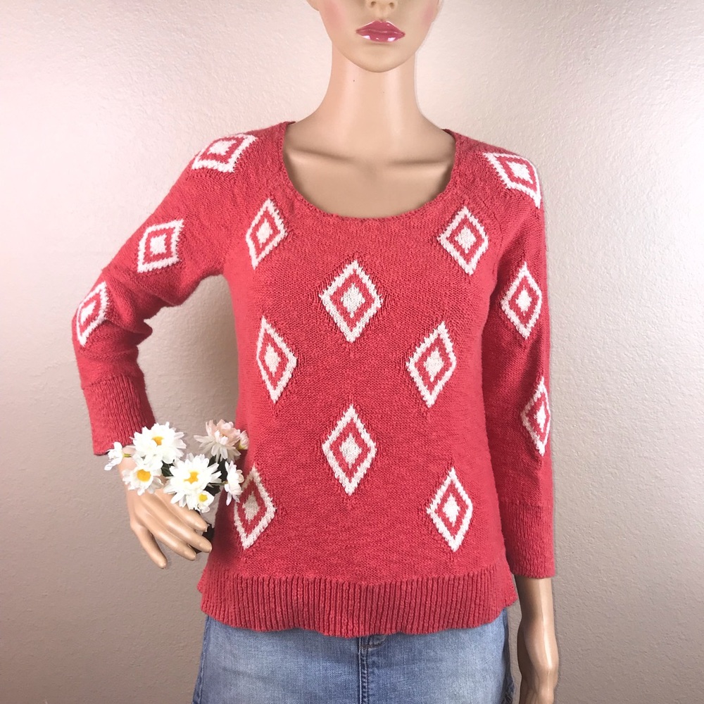 Lucky Brand Coral Diamond Pattern Knit Boatneck Sweater - Picture 4 of 9